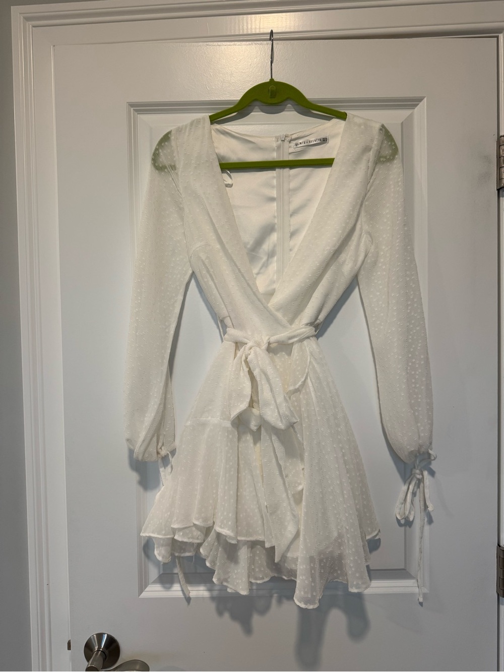 White Swiss-Dot Wrap Mini Dress with Tie Waist